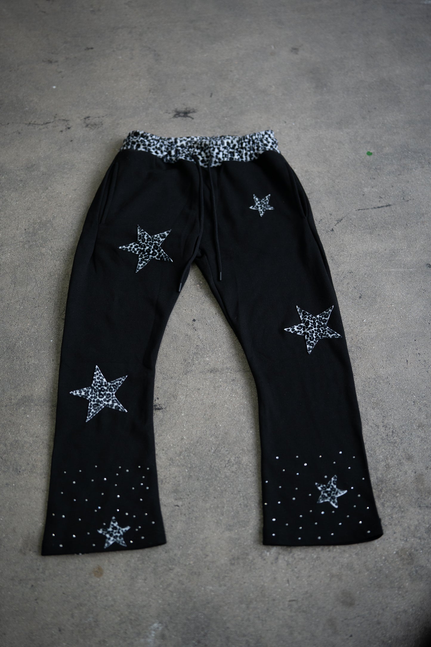 Rhinestone Leopard Print Stacked Sweats - Black