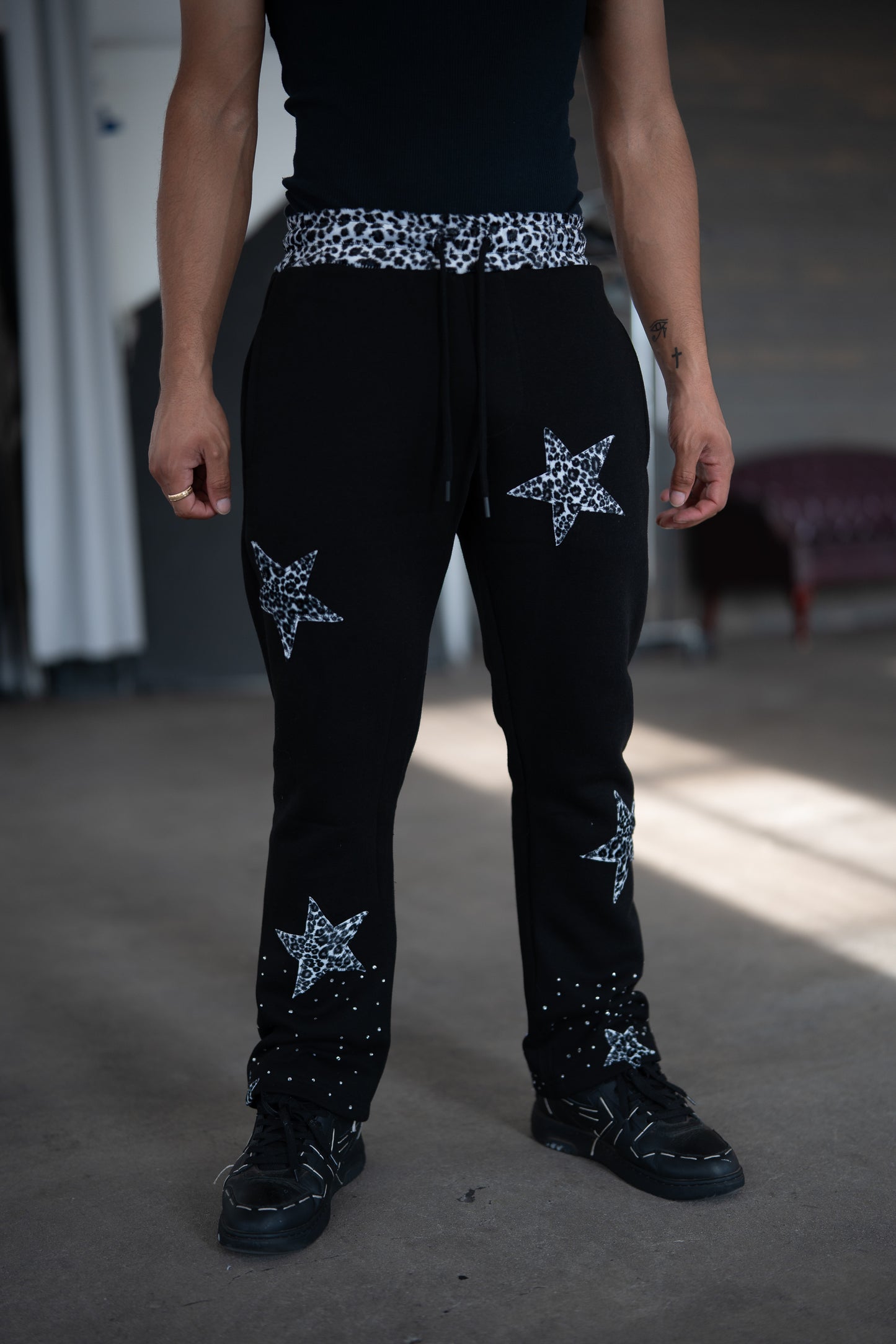 Rhinestone Leopard Print Stacked Sweats - Black