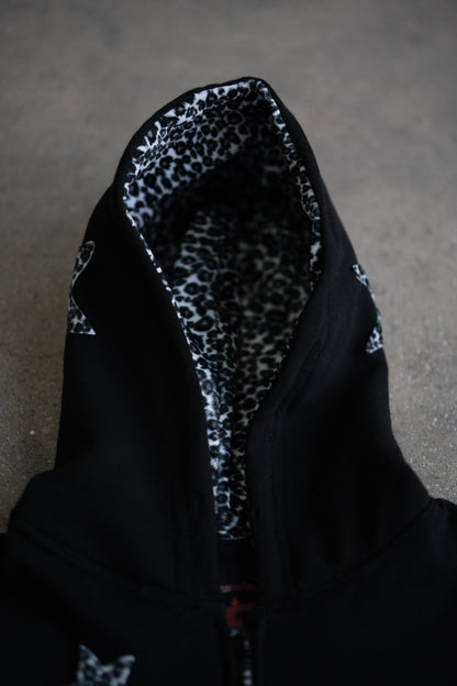 Leopard Print Zip Up Hoodie - Black