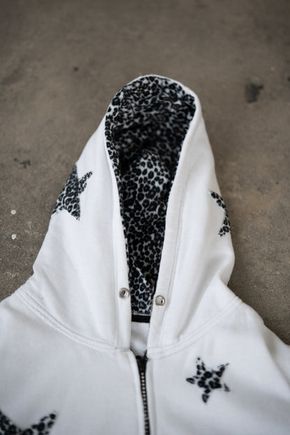Leopard Print Zip Up Hoodie - White