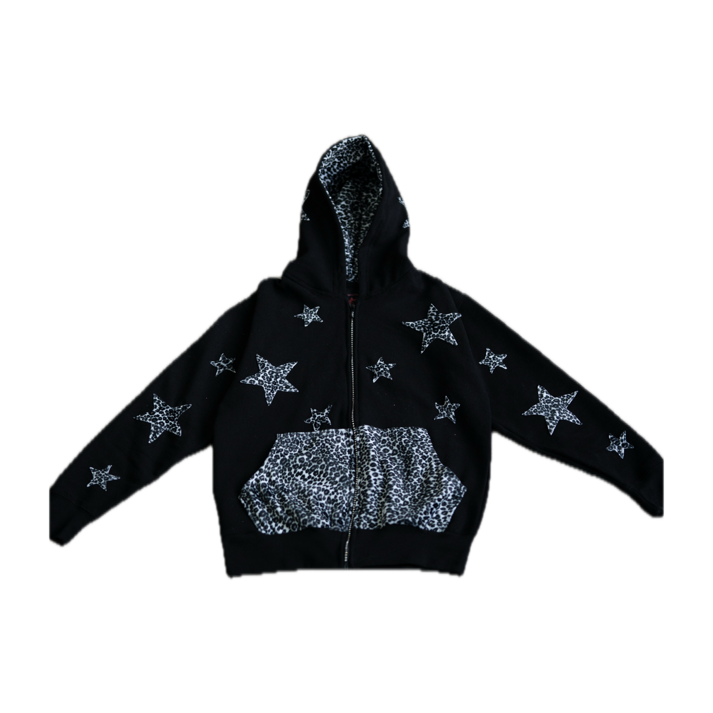 Leopard Print Zip Up Hoodie - Black