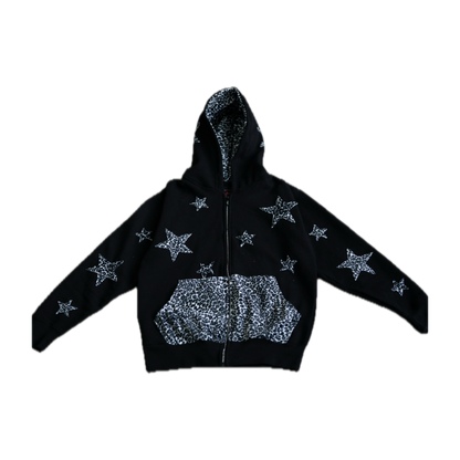 Leopard Print Zip Up Hoodie - Black