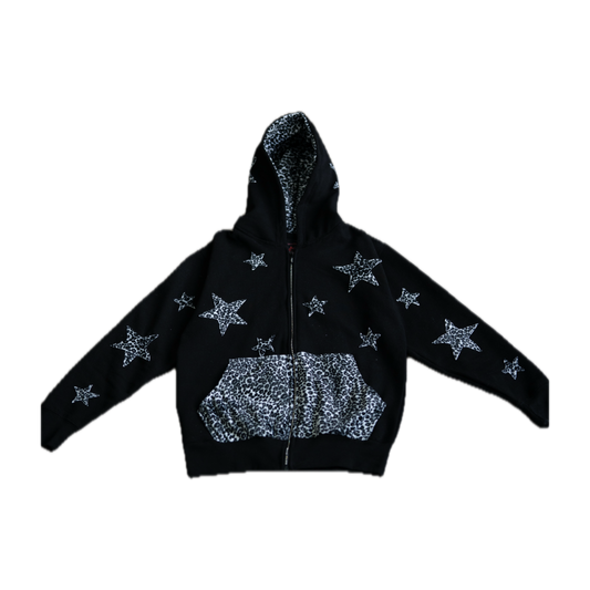 Leopard Print Zip Up Hoodie - Black