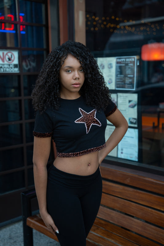 Fivestarss Cheetah Crop Tee - Black