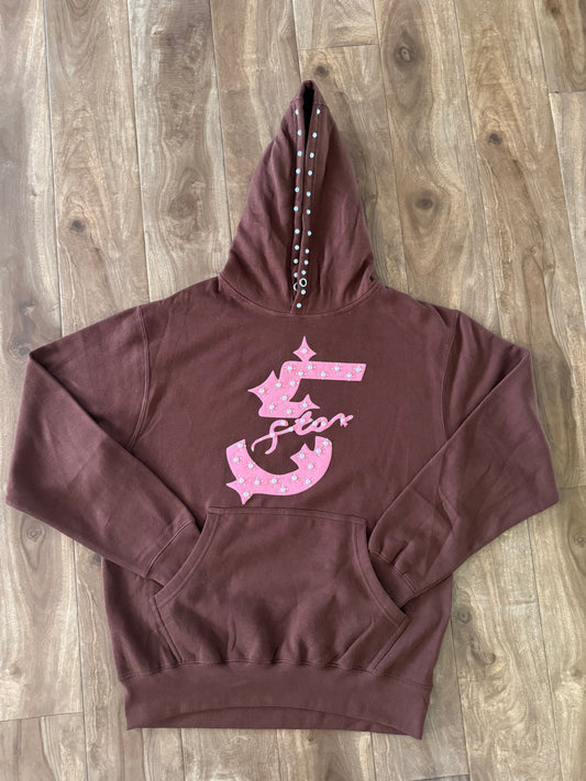 FiveStarss Rhinestone Puff Hoodie - Brown & Pink