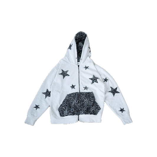 Leopard Print Zip Up Hoodie - White
