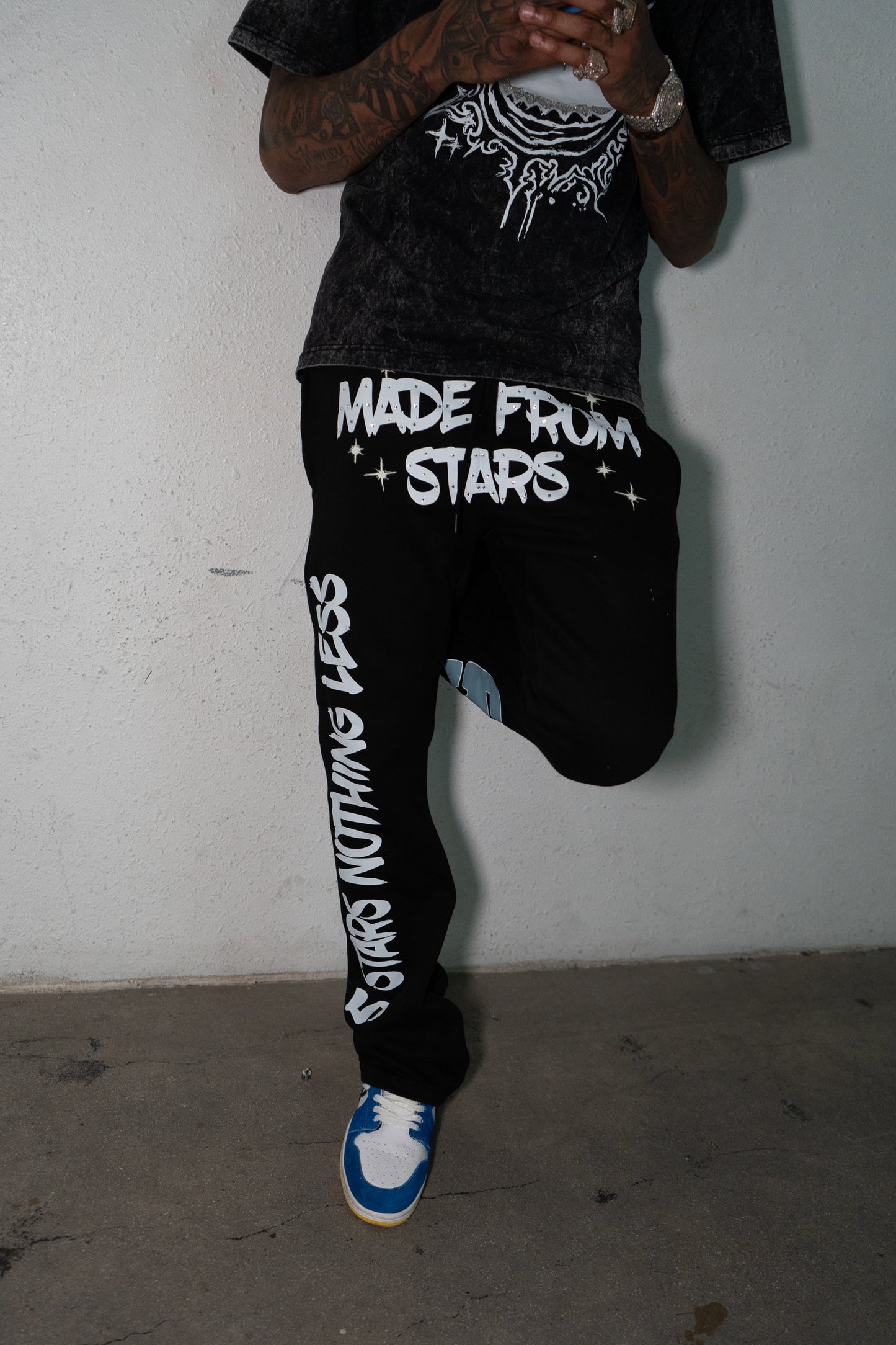 Star Made Rhinestone Stacked Sweats - Opium Black/White