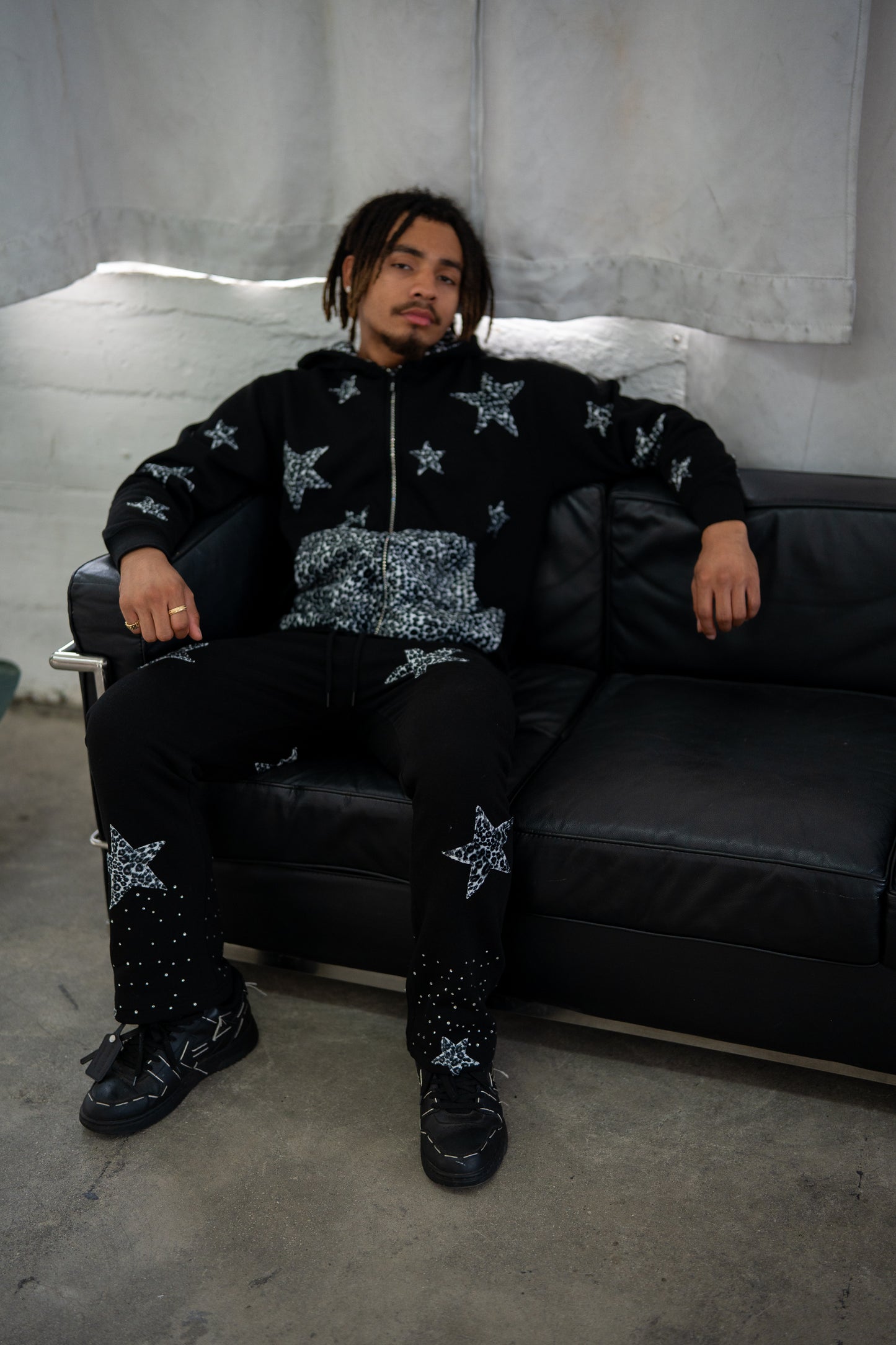 Rhinestone Leopard Print Zip Up Hoodie - Black