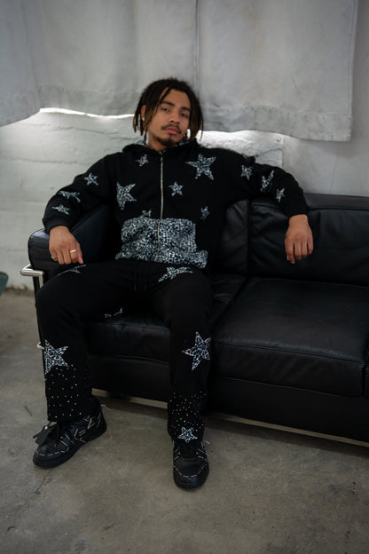Rhinestone Leopard Print Zip Up Hoodie - Black